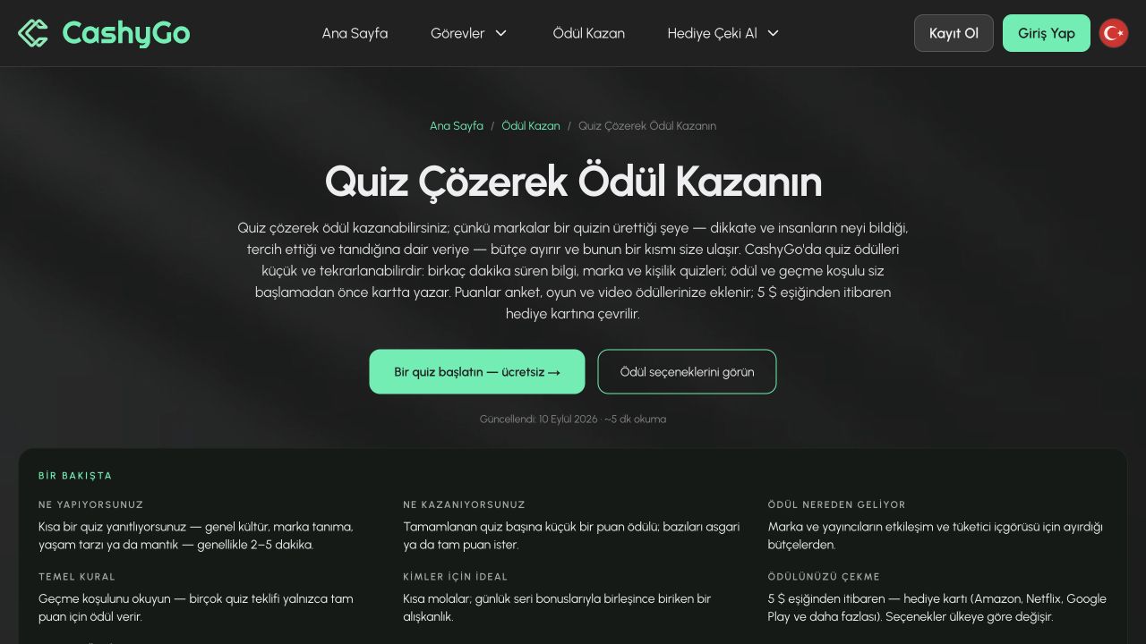 CashyGo quiz görevleri sayfası ekran görüntüsü