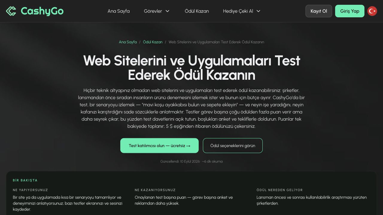 CashyGo web sitesi ve uygulama test görevleri sayfası ekran görüntüsü